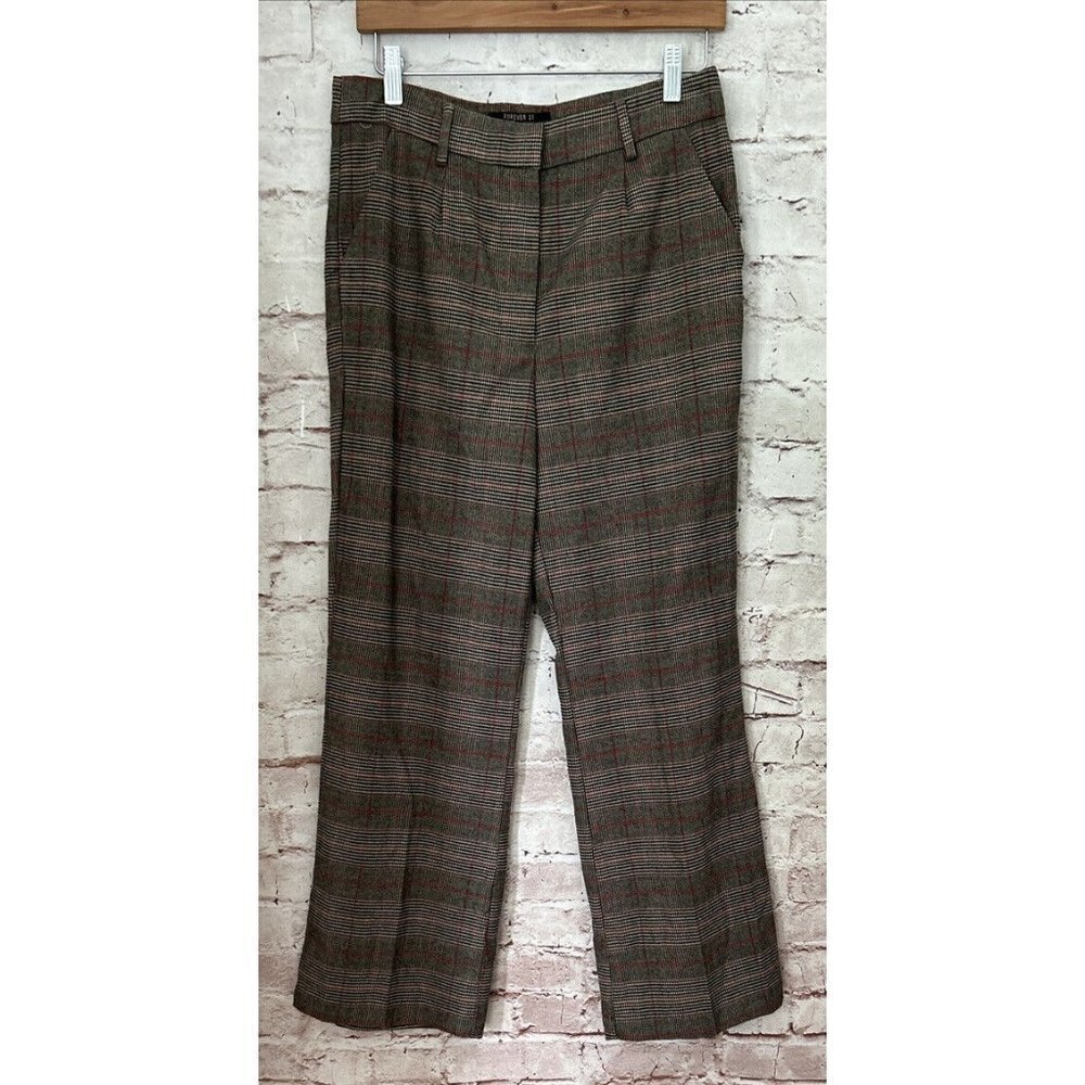FOREVER 21 Pants Contemporary Womens Size L Woven Cropped Trouser Brown Plaid